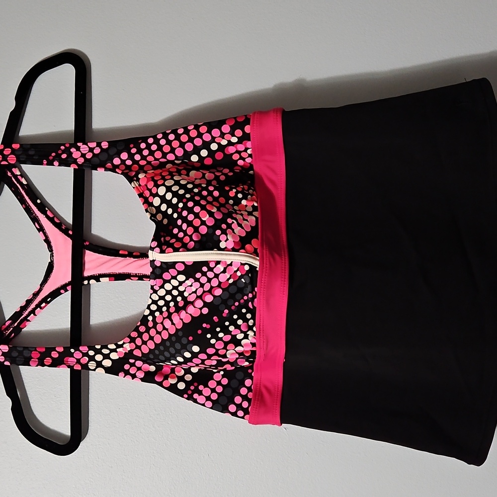 Danskin Now Pink and Black Polka Dot Fabric Halter Swim Suit Top Size L